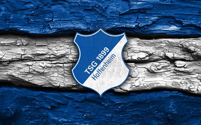 tsg hoffenheim logotipo de madera, 4k, fondo de madera blanca azul, bundesliga, fútbol, logotipo tsg hoffenheim, fútbol americano, tsg hoffenheim emblema, tsg hoffenheim, club de fútbol alemán, hoffenheim fc