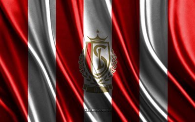 4k, logotipo padrão de liege, jupiler pro league, textura de seda branca vermelha, bandeira liege padrão, clube de futebol belga, futebol, bandeira da seda, emblema padrão de liege, bélgica, crachá kaa gent, liege padrão