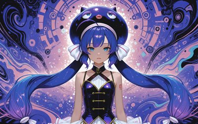 4k, una otomachi, 바이올렛 추상 배경, 보컬 로이드, 파란 눈, 보컬 로이드 4, otomachi una, 보컬 로이드 캐릭터, 만화, una otomachi vocaloid