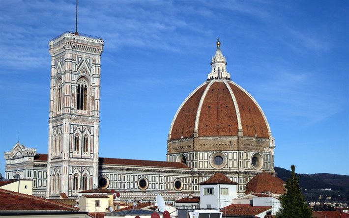 florence, italy, the cathedral of santa maria del fiore, the duomo, the bell tower of giotto