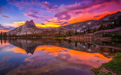 usa, rock, california, mountains, beautiful sunset, the lake, yosemite