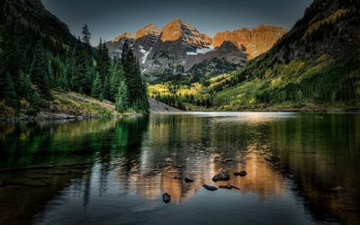 göl, dağlar, ABD, maroon bells, colorado