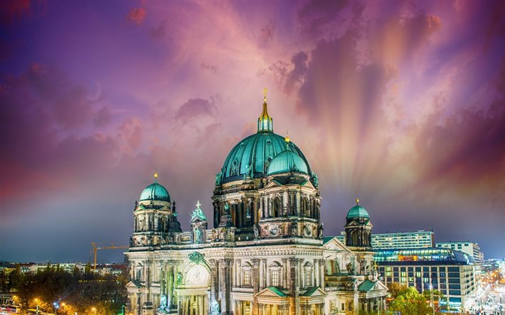 berlin, gece, Almanya, berlin Katedrali