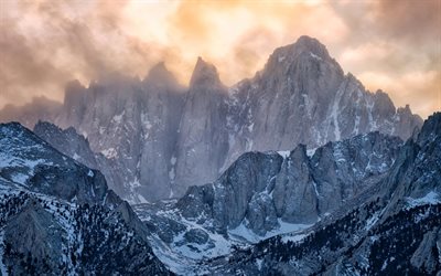 rock, mountains, snow, fog, mountain landscape