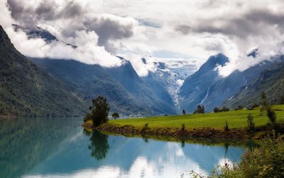 ghiacciaio, montagna, roccia, lago, vecchio adele, nordfjord, norvegia, nord-fiordo