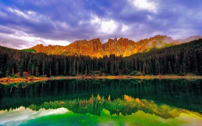 forest, emerald lake, autumn, mountains, rock