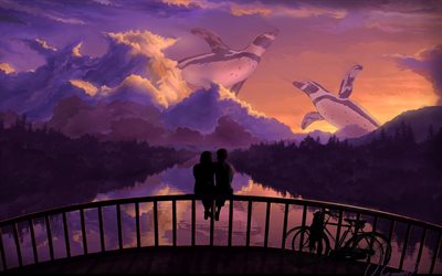pyörä, joki, silta, taivas, yö, romantiikka, pilvet, tyttö, pingviinit, kaveri, taide, pari, hahmo