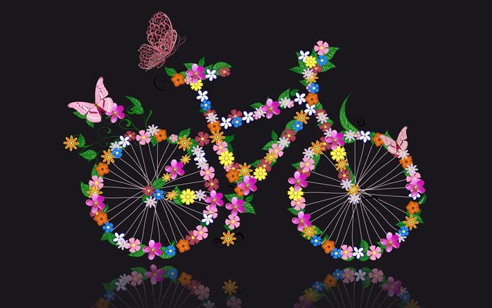 butterfly, bike, flowers, graphics, reflection