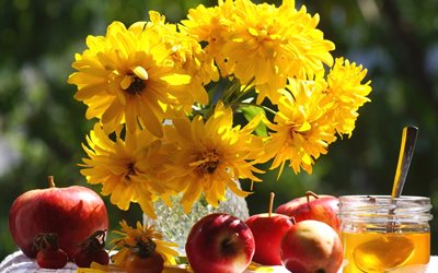 과일, 사과, 화병, 브라이어, golden ball, 콘 꽃, bank, 꽃다발, 꽃, 숟가락, 가을, 자연, 꿀