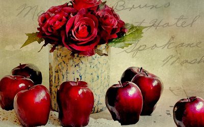 blumen, vase, rose, stillleben, äpfel -, bild -, obst -, früchte
