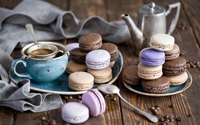 grain, coffee, macaroon, cakes macaroni, sweets, the coffee pot, strainer, spoon, cup, saucer, plate, serving, dishes, table, food, napkin