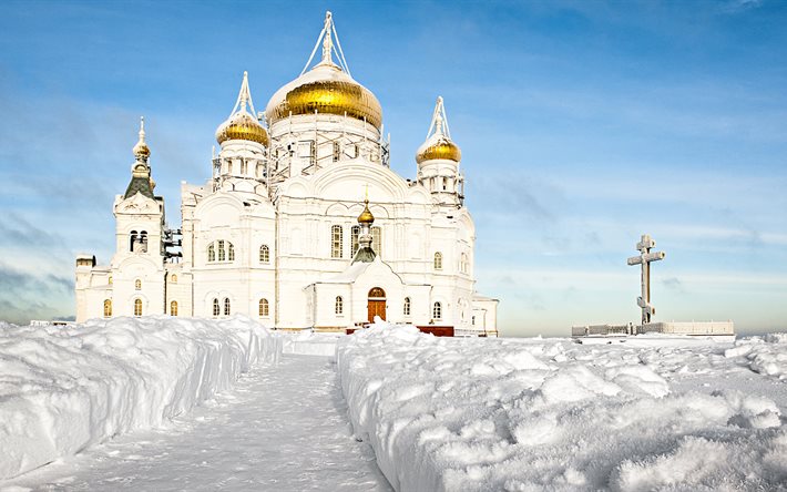 la nieve, la cúpula, el templo, el invierno, el paisaje, la cruz