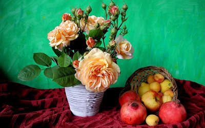 fleurs, vase, un panier, des citrons, du grenat, rose, prune, les pommes, les agrumes, les fruits, encore de la vie, tissu