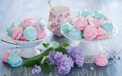 sweets, dessert, cakes, food, vases, cup, dishes, branches, lilac, flowers, board, table