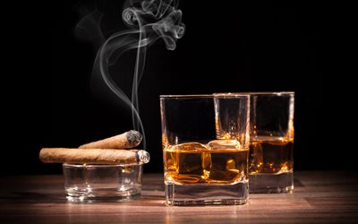 pair, cigars, ice, glasses, whiskey, brandy, drinks, ashtray
