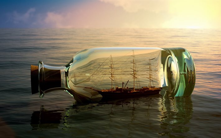 agua, garrafa, gráficos, navio, o sol, horizonte
