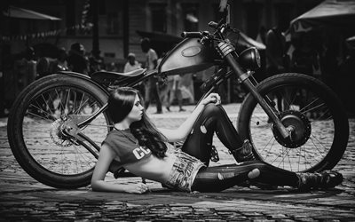 tights, top, shorts, holes, brunette, motorcycle, girl, street