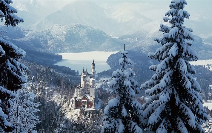 los árboles, las montañas, la nieve, ate, invierno, paisaje, alemania, neuschwanstein, el castillo, el lago