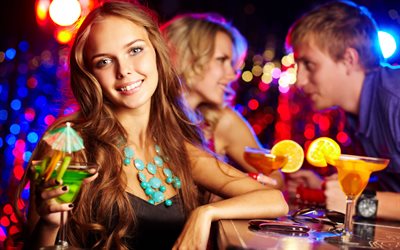 decoration, dress, smile, cocktail, glass, bar, party, brown hair, girl, girls, guy, people, necklace