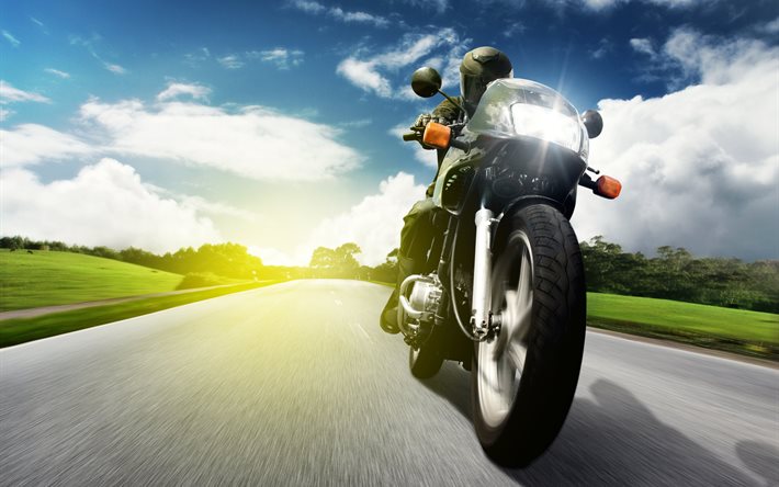 nature, road, motorcycle, man, the sun
