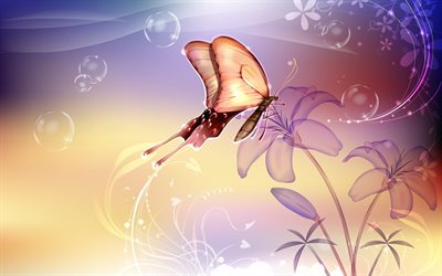 patterns, flower, butterfly, flowers, a blade of grass, nature, graphics, bubbles