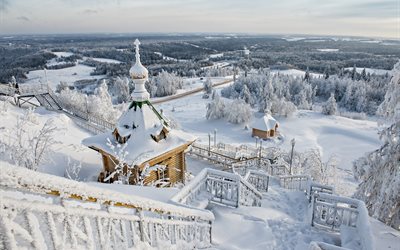 la iglesia, nieve, árboles, invierno, ate, paisaje, escaleras
