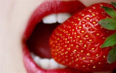 berry, strawberry, food, mouth, lips, teeth
