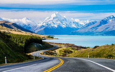 पहाड़ों, बर्फ, पानी, न्यूज़ीलैंड, झील, परिदृश्य, pukaki, न्यूजीलैंड, प्रकृति, पहाड़ियों, सड़क