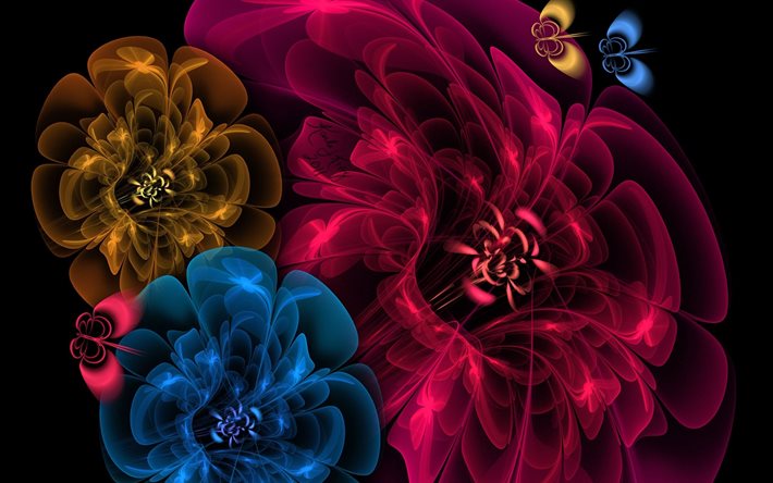 flores, fractal, neon, gráficos, borboleta