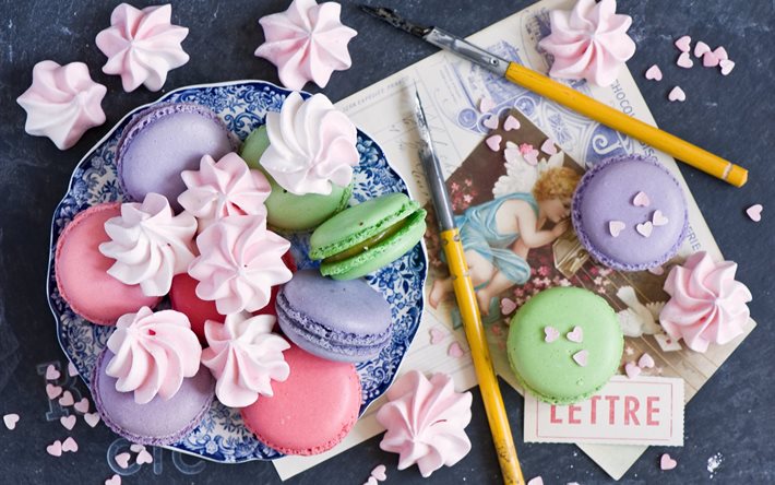 cakes, macaroni, macaroon, sweets, meringue, plate, handles, food, feathers, cards, hearts
