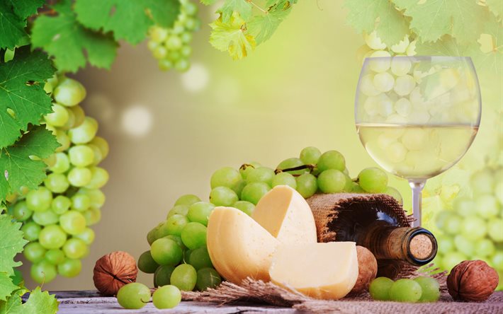 板, テーブル, ボトル, 葉, ガラス, 飲み物, vine, ワイン, ブドウ, ナット, 房, チーズ, ベリー, 布, burlap