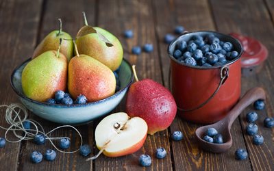 blueberries, bowl, berries, bucket, pears, spoon, fruits, string, fruit, board, food, table