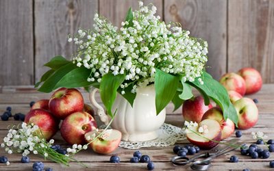 fruit, peaches, berries, blueberries, pitcher, napkin, bouquet, scissors, lilies of the valley, board, flowers, tree