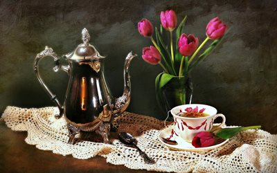 still life, kettle, cup, saucer, spoon, tea, vase, flowers, tulips, napkin, lace