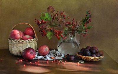 still life, basket, fruit, apples, plum, fruits, pitcher, branches, kalina, berries, napkin