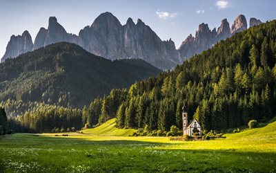 alps, mountains, the dolomites, hills, landscape, meadows, trees, nature, ate, forest, the church
