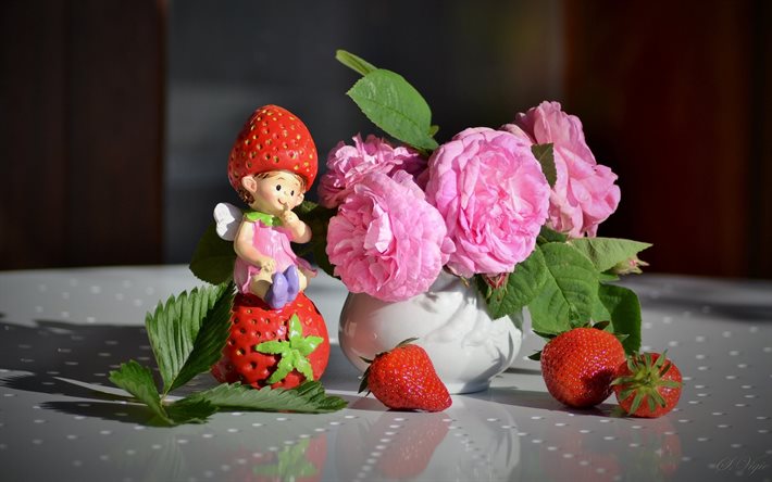 frutti di bosco, rosa, fiori, fragole, vaso, tabella, figura