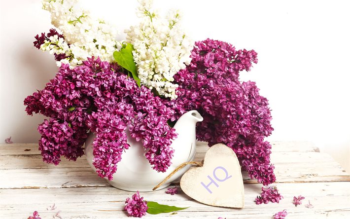 leaves, kettle, flowers, table, lilac, board, branches, heart