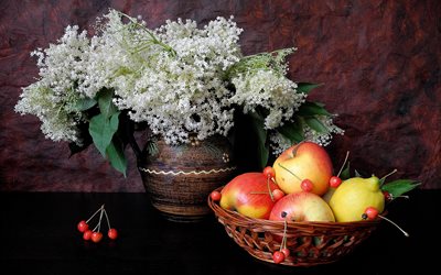 natürmort, vazo, dal, yaprak, çiçek, sepet, gıda, meyve, elma, çilek, kiraz, narenciye, limon