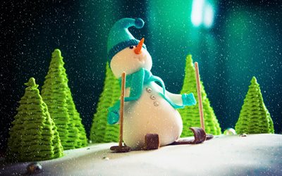 boneco de neve, neve, esquiador, inverno, comeu, árvore