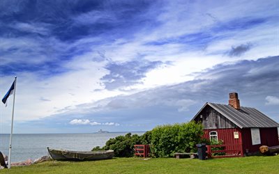 barco, a casa, bandeira, água, o lago, bandeira da estônia, paisagem, natureza, estônia
