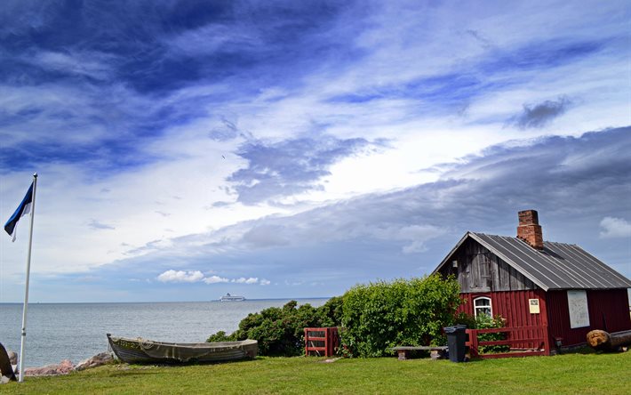 la barca, la casa, la bandiera, l'acqua, il lago, la bandiera dell'estonia, il paesaggio, la natura, estonia