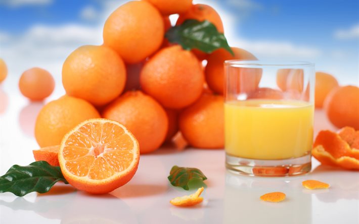 fruta, comida, mandarinas, jugo de vidrio