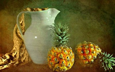stilleben, kanna, tyg, bild, frukt, frukter, ananas