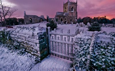 wicket, winter, wall, snow, the fence, evening, sunset, the church, trees, landscape, ate, tree