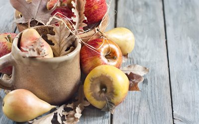 mug, leaves, autumn, pears, apples, fruit, fruits, board