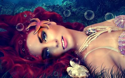 bubbles, star, pearls, decoration, shells, art, mermaid, the bottom, water, girl, illustration