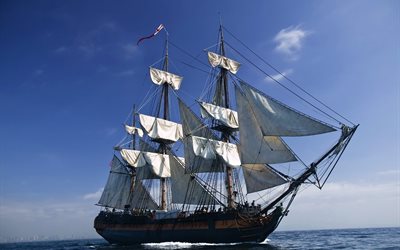 ship, water, sailboat, galleon, sea, sails, mast
