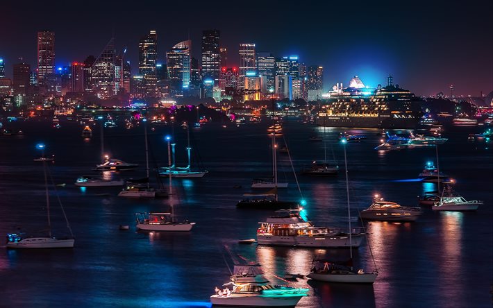 the city, port, water, yachts, boats, building, evening, light
