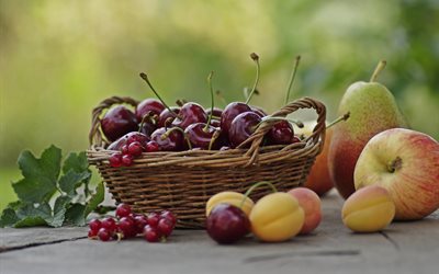 apricots, pear, cherry, apple, currant, berries, basket, fruits, leaves, fruit, board
